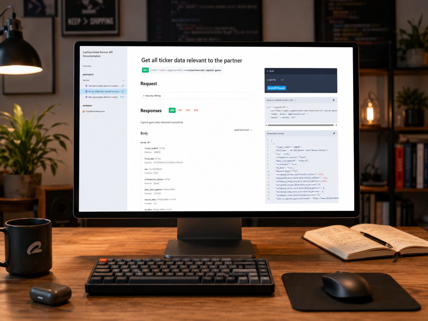 Desktop monitor on a wooden desk displaying the CapGainsValet Partner API documentation
