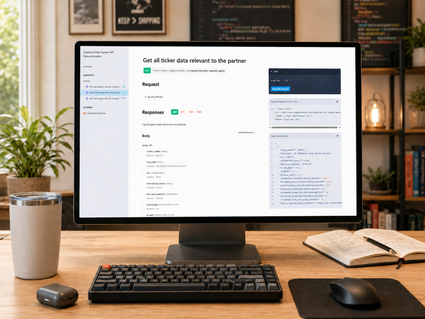 CapGainsValet Partner API documentation on a monitor